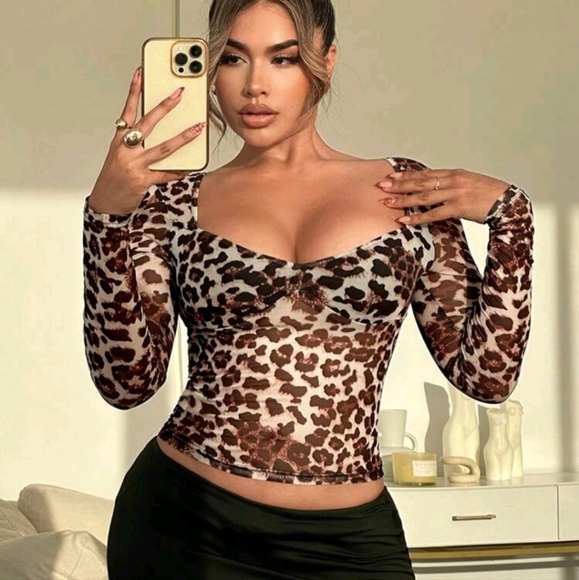 Sexy & Elegant Leopard Print Sheer Mesh Blouse - Picture 1 of 5